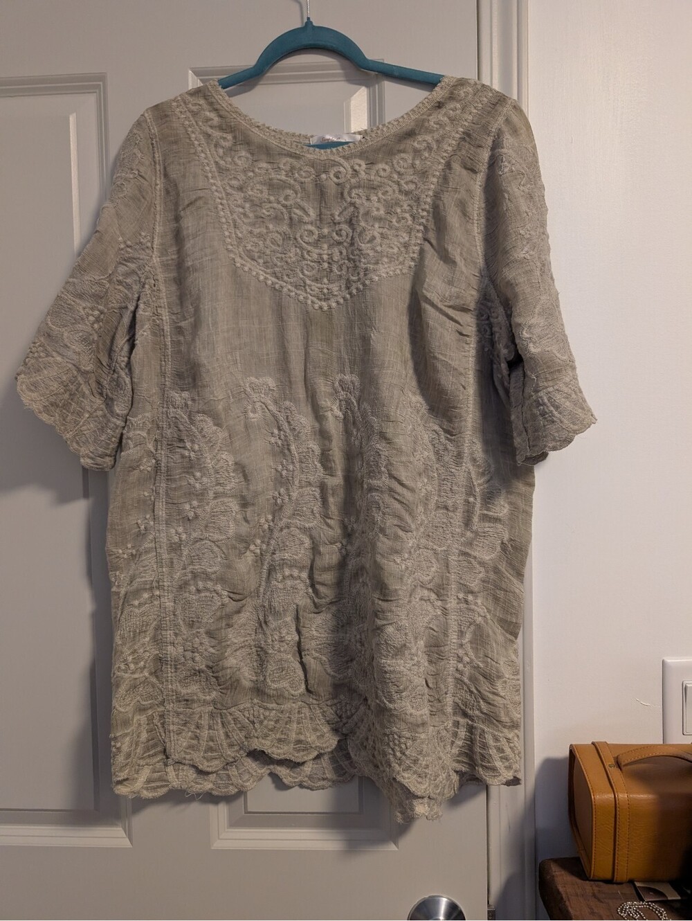 1541 - Simply Couture Beige Embroidered Linen Tunic Top - XXL